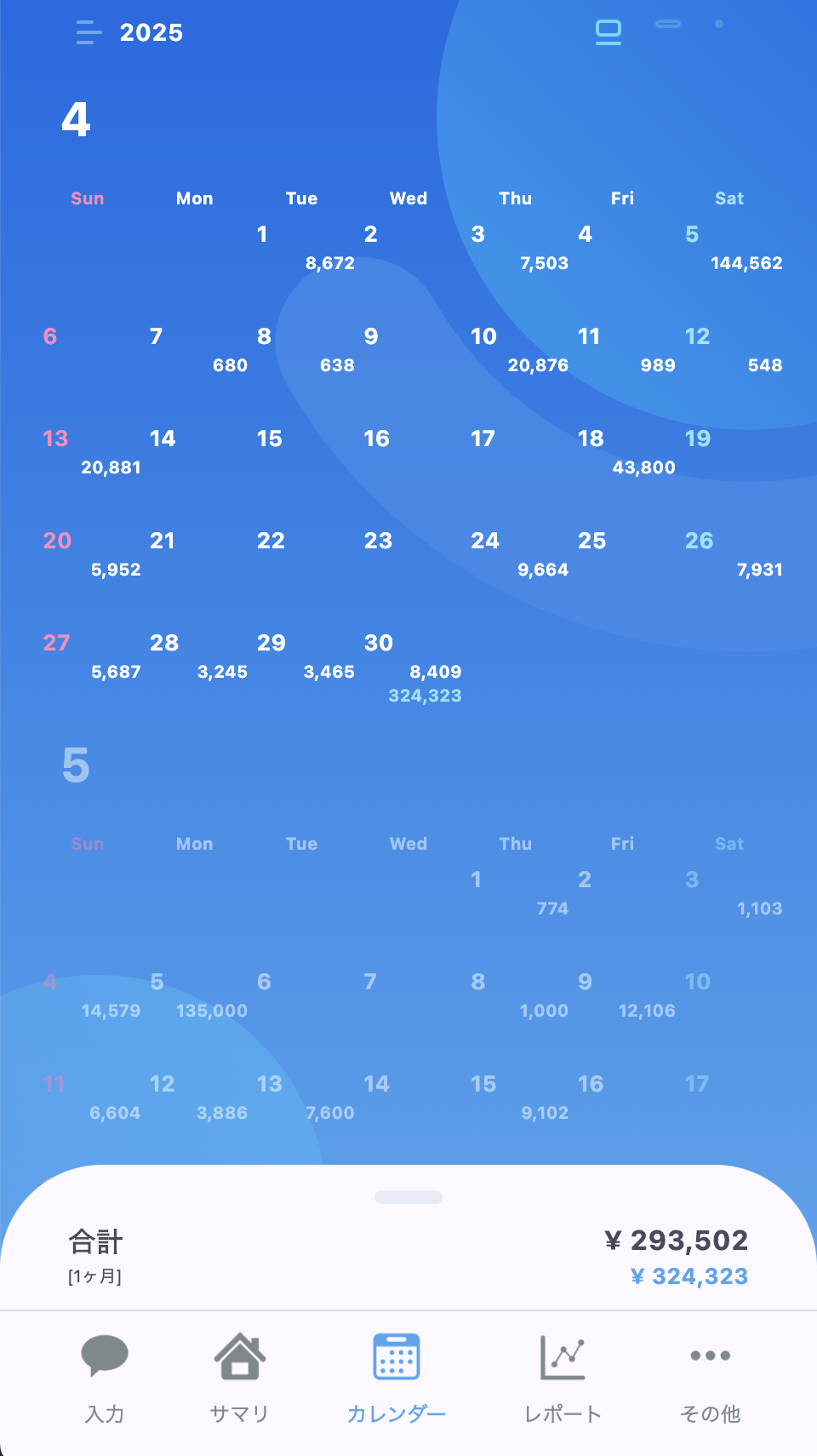 カレンダー画面のスクリーンショット